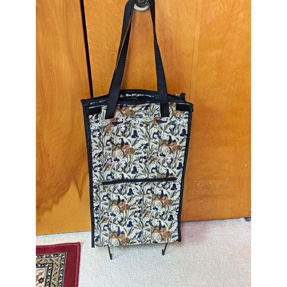 Vintage Foldable Rolling Tote/Grocery Trolly Panda Print Zip Closure 23x13x6